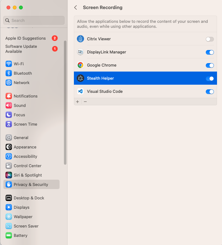 macOS Screen Recording Settings
